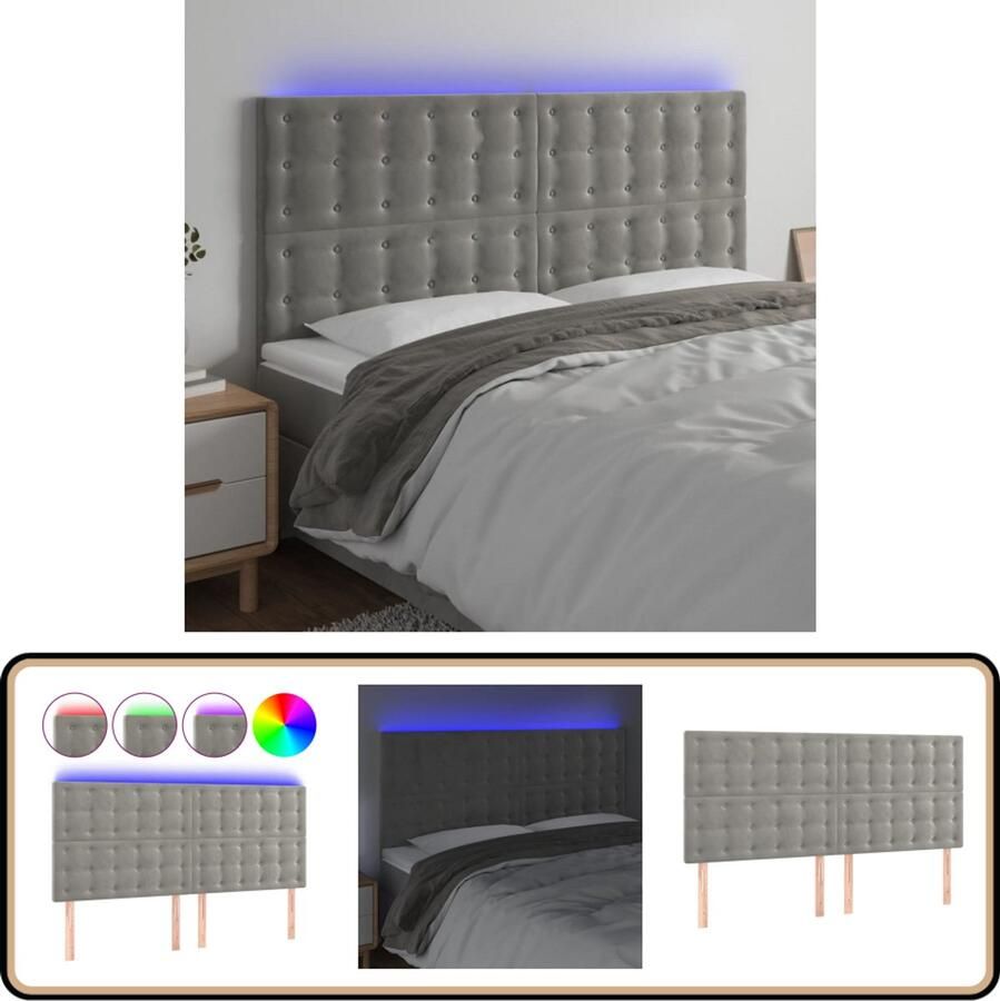 VidaXL Hoofdbord LED Fluweel Lichtgrijs 200x128 cm Hoofdboard Led Lamp Hoofdbord Grijs Velvet Hoofdbord Bedstede Slaapkamersdecoratie Ergonomisch Hoofdbord