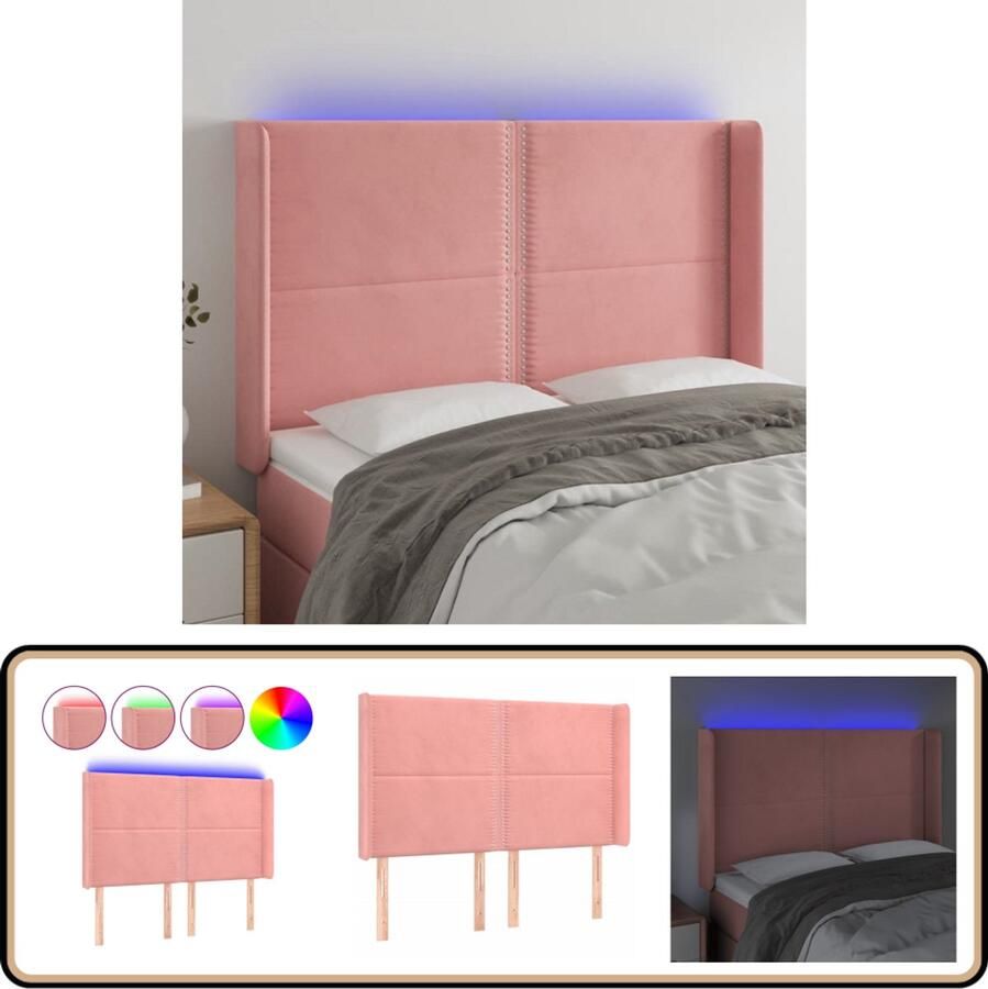 VidaXL Hoofdbord LED Fluweel Roze 147x16x118 128 cm Hoofd Bord Led Headboard Fluweel Hoofdboard Roze Hoofdbord Met Verlichting
