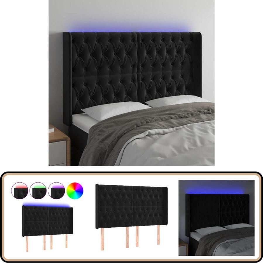 VidaXL Hoofdbord LED Fluweel Zwart 163x16x118 cm Hoofd Bord Led Hoofdbord Zwart Velvet Hoofdbord Beddecoratie Slaapkamers