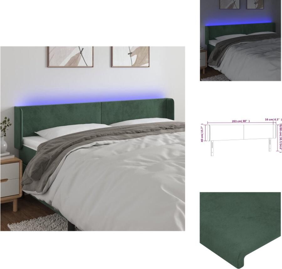 VidaXL Hoofdbord LED-hoofdbord 203x16x78 88 cm Donkergroen Fluweel Verstelbare hoogte Comfortabele ondersteuning Snijdbare LED-strip USB-aansluiting Bedonderdeel - Foto 2