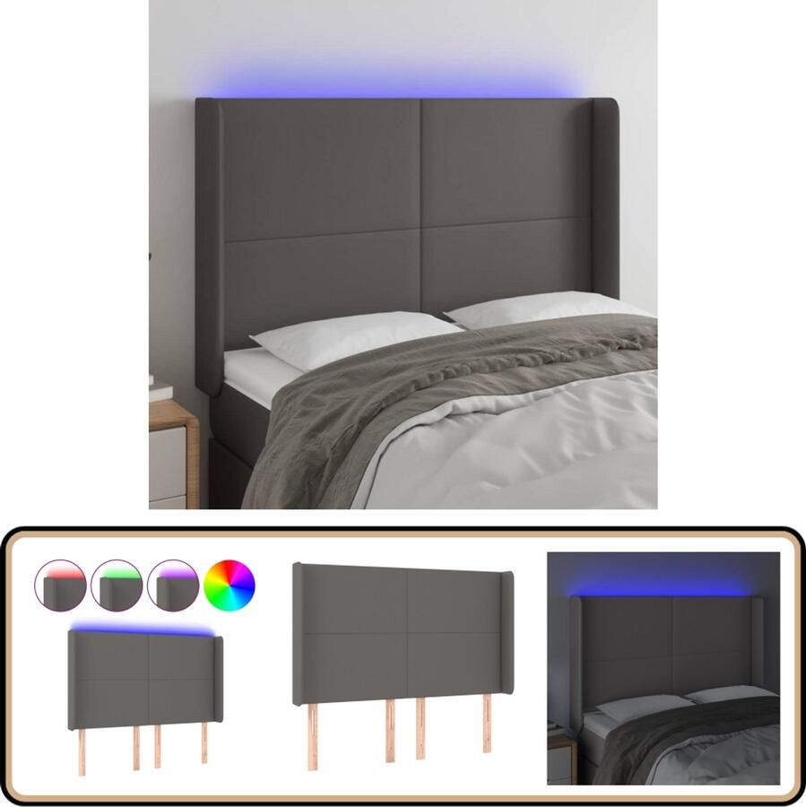 VidaXL Hoofdbord LED Kunstleer Grijs 147x16x118 cm Hoofdboard Led Verlichting Hoofdkussen Bedstede Slaapkamers Sierkussens Decoratief