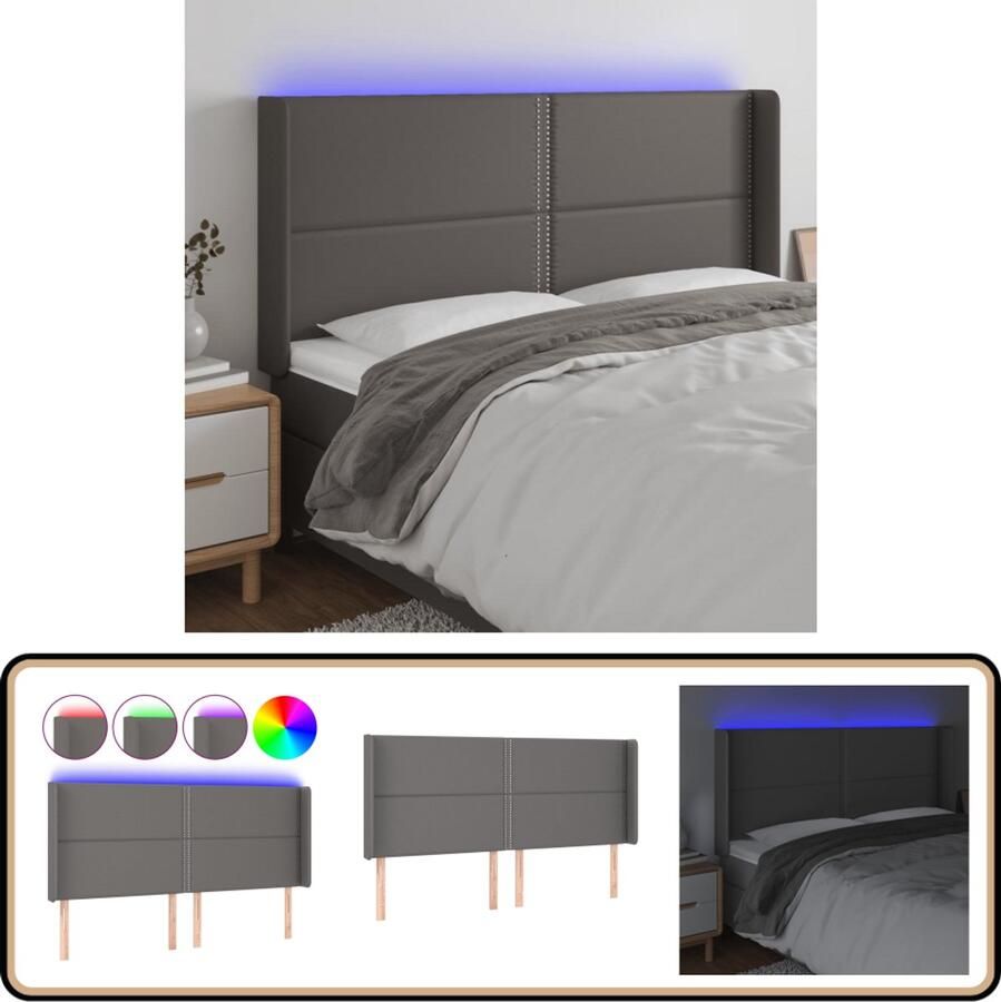 VidaXL Hoofdbord LED Kunstleer Grijs 163x16x118 128 cm Hoofdboard Led Headboard Kunstleder Hoofdboard Grijze Hoofdborden Bedroom Decor