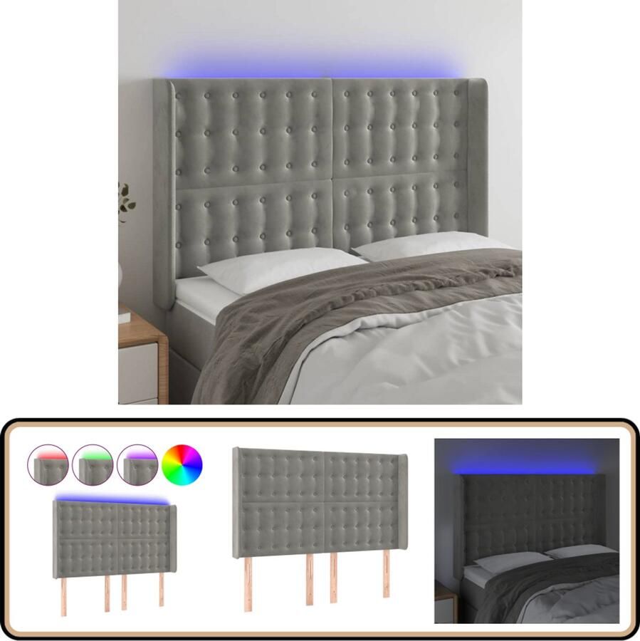 VidaXL Hoofdbord LED Lichtgrijs 147x16x128 cm Hoofd Bord Led Verlichting Hoofdbord Grijs Velvet Hoofdbord Slaap Accessoires Bedroom Decor