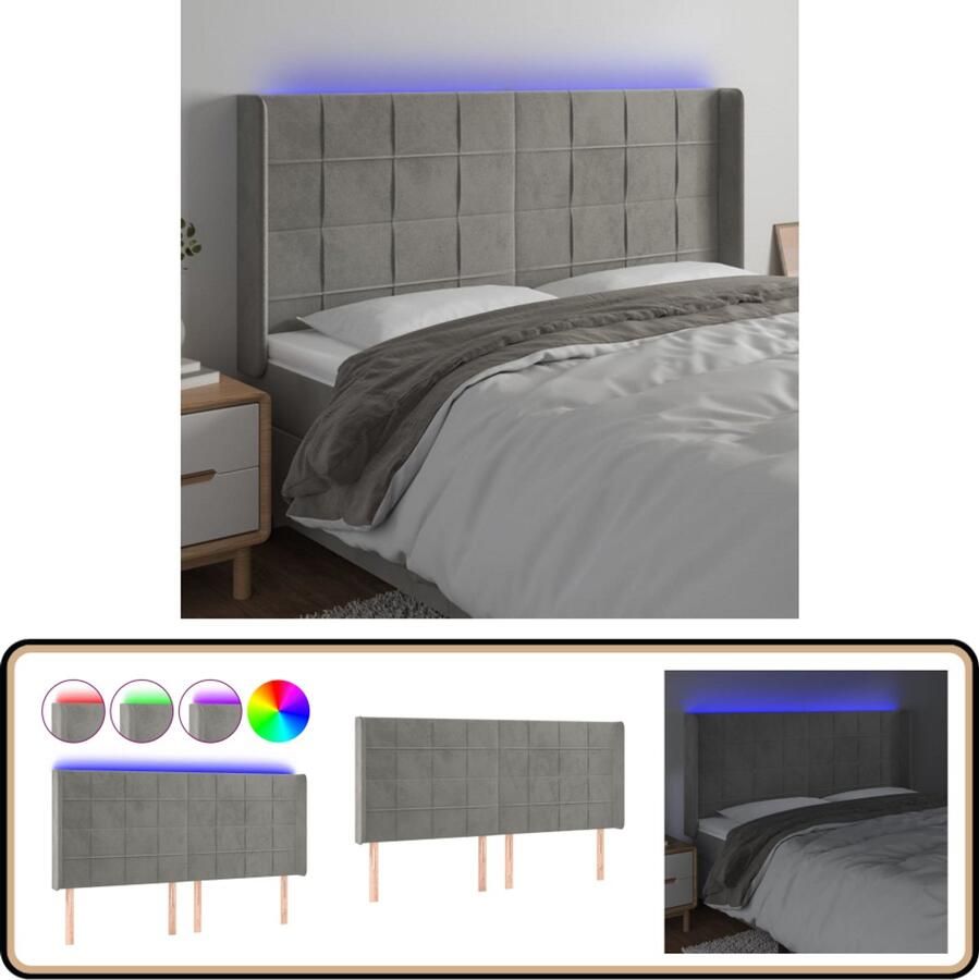 VidaXL Hoofdbord LED Lichtgrijs 163x16x118 128 cm Hoofdboard Led Verlichting Velvet Grijs Tweepersoonsbed Hoofdkussen Leeshoek