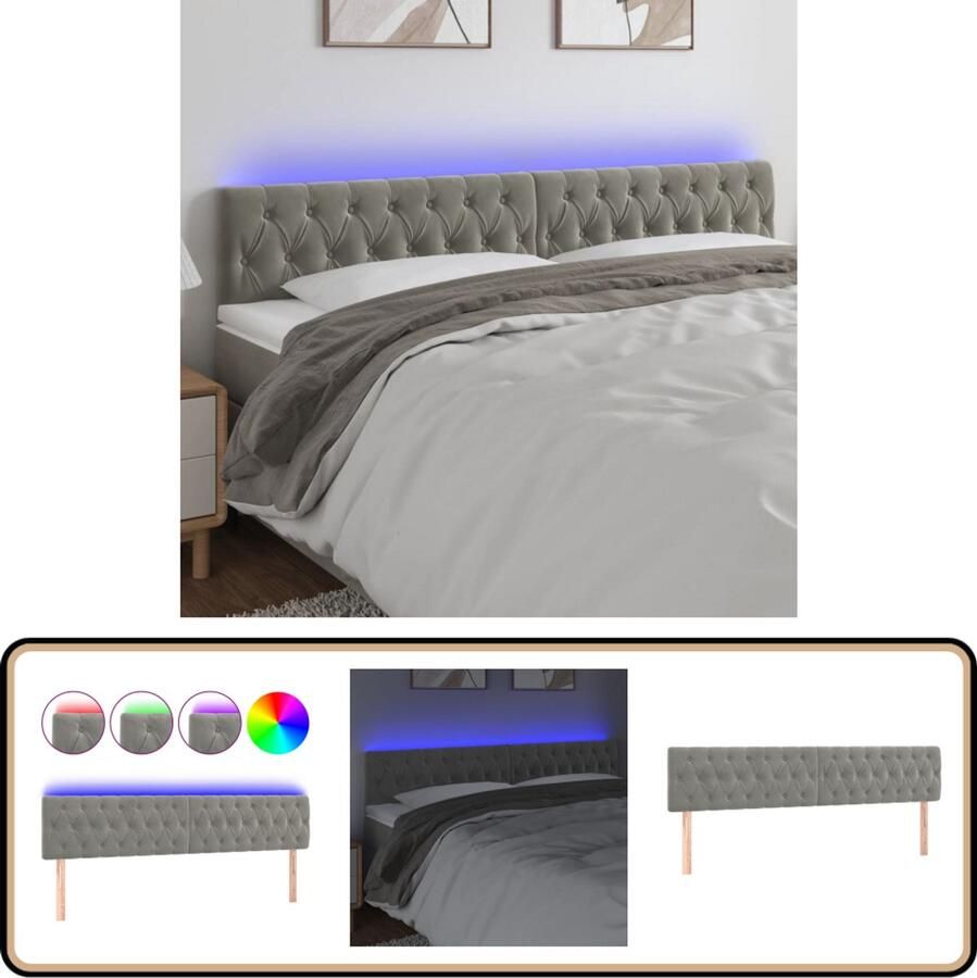 VidaXL Hoofdbord LED Lichtgrijs 180x7x88 cm Hoofdboard Led Verlichting Velvet Grijs Beddecoratie