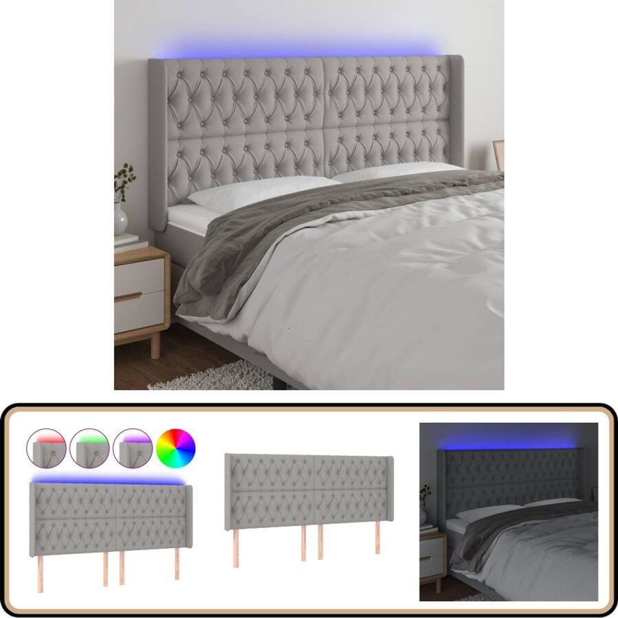 VidaXL Hoofdbord LED Lichtgrijs 183x16x118 128cm Hoofdboard Led Headboard Hoofdbord Grijs Slaapkamers Decoratie Bed Accessoires