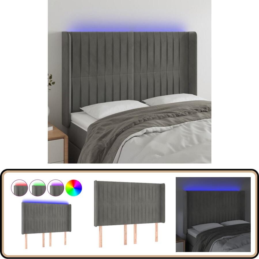 VidaXL Hoofdbord LED Lichtgrijs Fluweel 147x16x128 cm Hoofdboard Led Hoofdbord Hoofdkussen Velvet Hoofdbord Grijs Hoofdbord Slaap Accessoires Kamer Decoratie