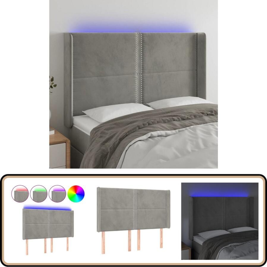 VidaXL Hoofdbord LED Lichtgrijs Fluweel 147x16x128 cm Hoofdboard Led Hoofdbord Velvet Hoofdbord Comfortabele Hoofdbord Grijs Hoofdbord Met Verlichting Slaap Accessoires