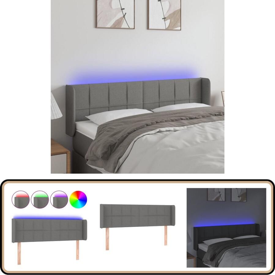 VidaXL Hoofdbord LED Stof 147x16x78 88 cm Donkergrijs LED Hoofdbord Bedhoofd Led Verlichting Hoofdkussen Relaxe Headboard Leeshoek Tv Hoek Grijs