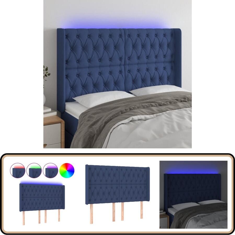 VidaXL Hoofdbord LED Stof Blauw 147x16x118 128 cm Hoofdboard Led Verlichting Blauwe Hoofdstoel Stoffen Headboard Houten Headboard Leeshoek Tv Hoek Comfortabel Hoofdbord