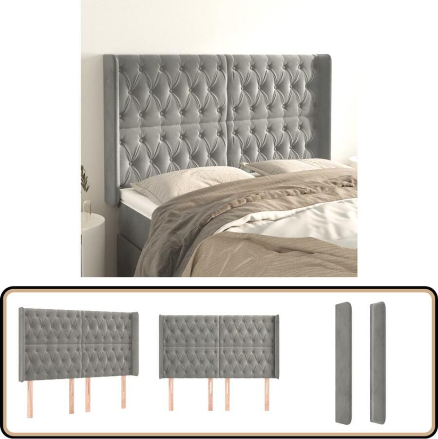VidaXL Hoofdbord Lichtgrijs Fluweel 147x128 cm Hoofd Bord Hoofdkussen Beddecoratie Velvet Grijs Tweepersoonsbed King Size Bed Stapelbed
