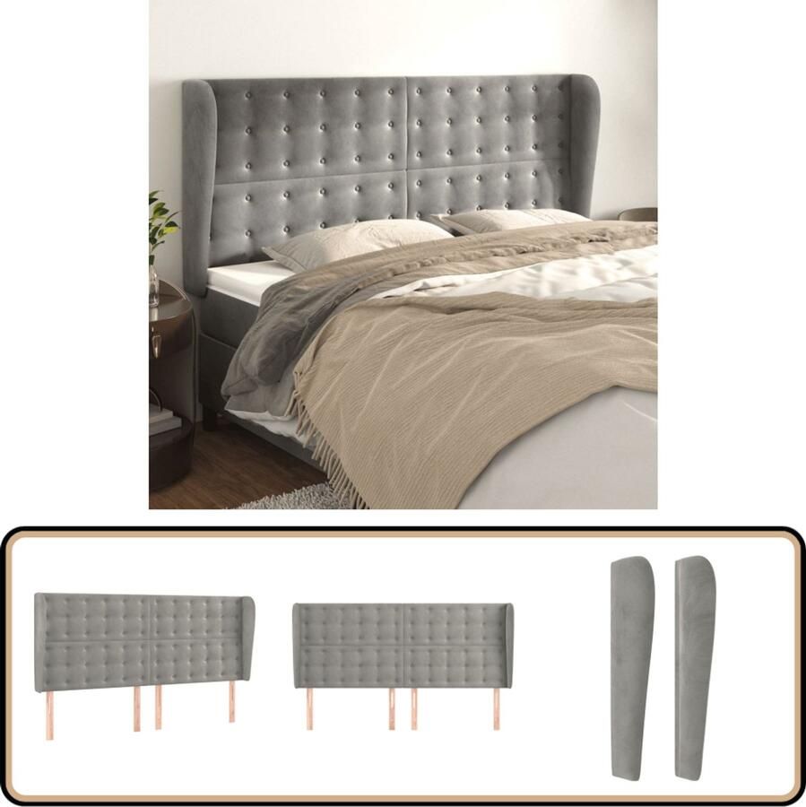VidaXL Hoofdbord Lichtgrijs Fluweel 203x23x128 cm Hoofd Bord Hoofdkussen Klassiek Design Velvet Grijs Bedroom Decoratie Slaapkamers Meubilair