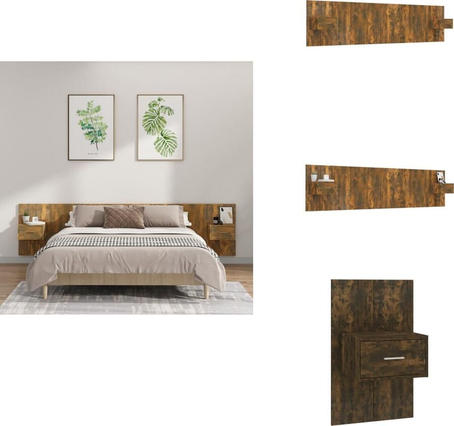 VidaXL Nachtkastje en Hoofdbord Gerookt Eiken Opbergruimte Wandmontage Bewerkt Hout 48.5 x 32.5 x 80 cm Montage vereist Levering bevat 2 x Nachtkastje 1 x Hoofdbord Bedonderdeel - Foto 2