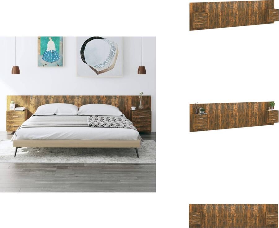 VidaXL Nachtkastje en Hoofdbord Gerookt Eiken Opbergruimte Wandmontage Bewerkt Hout 48.5 x 32.5 x 80 cm Montage vereist Levering bevat 2 x Nachtkastje 1 x Hoofdbord Bedonderdeel - Foto 6