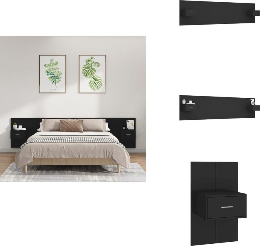 VidaXL Hoofdbord Met Kastje Hoofdborden Met Kastjes Hoofdeinde Wandnachtkastje Hoofdbord met kastjes bewerkt hout zwart - Foto 2