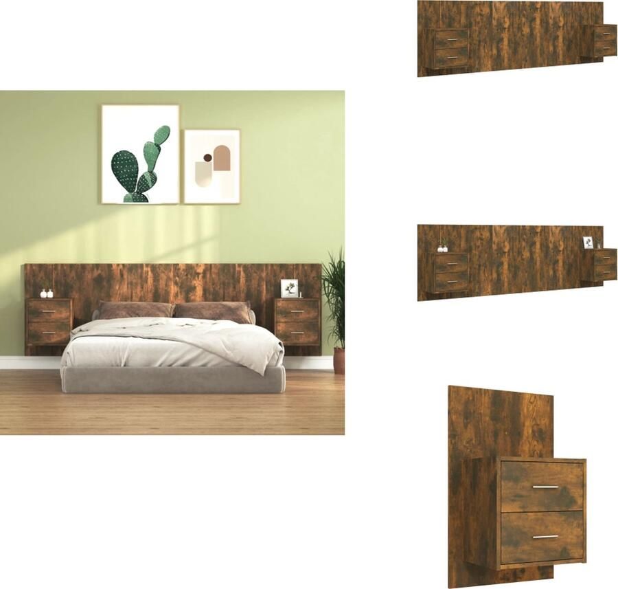 VidaXL Nachtkastje en Hoofdbord Gerookt Eiken Opbergruimte Wandmontage Bewerkt Hout 48.5 x 32.5 x 80 cm Montage vereist Levering bevat 2 x Nachtkastje 1 x Hoofdbord Bedonderdeel