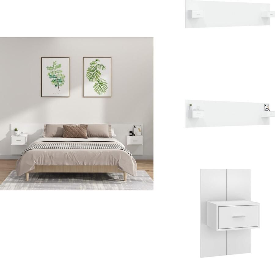 VidaXL Hoofdbord Bed Klassiek Design Stevig Materiaal Wandmontage Opbergruimte Kleur- Wit Afmetingen- 240x1.5x80cm Inclusief- 2x Nachtkastjes Bedonderdeel - Foto 2