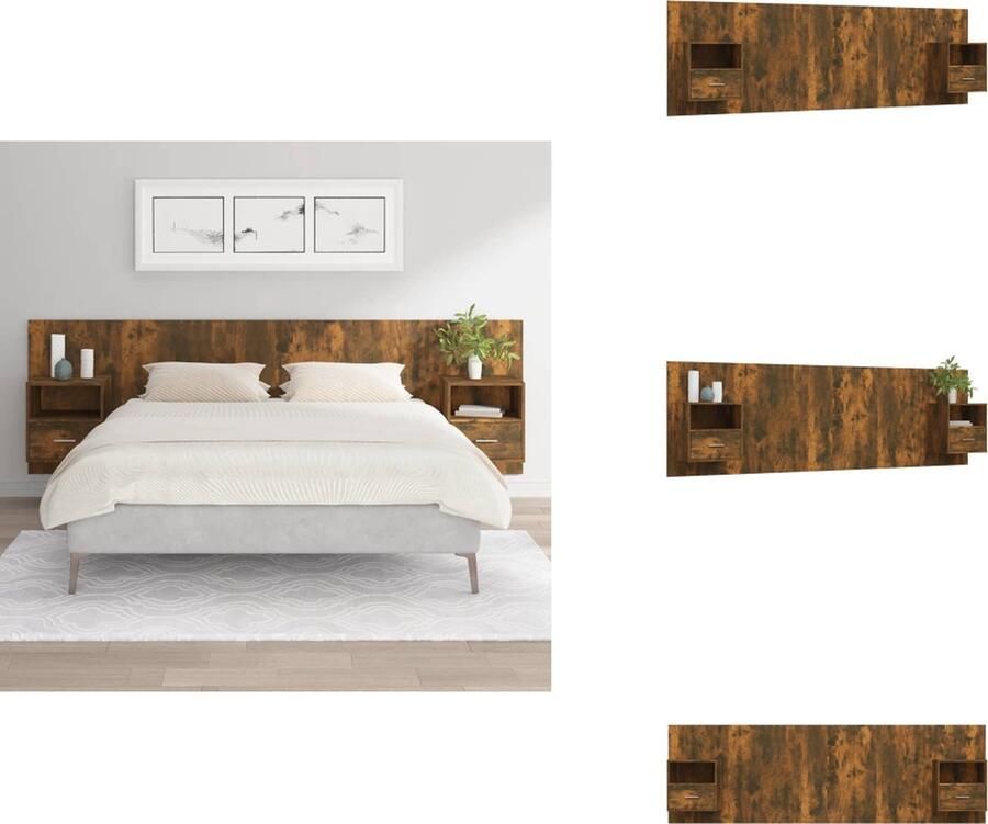 VidaXL Nachtkastje en Hoofdbord Gerookt Eiken Opbergruimte Wandmontage Bewerkt Hout 48.5 x 32.5 x 80 cm Montage vereist Levering bevat 2 x Nachtkastje 1 x Hoofdbord Bedonderdeel - Foto 5