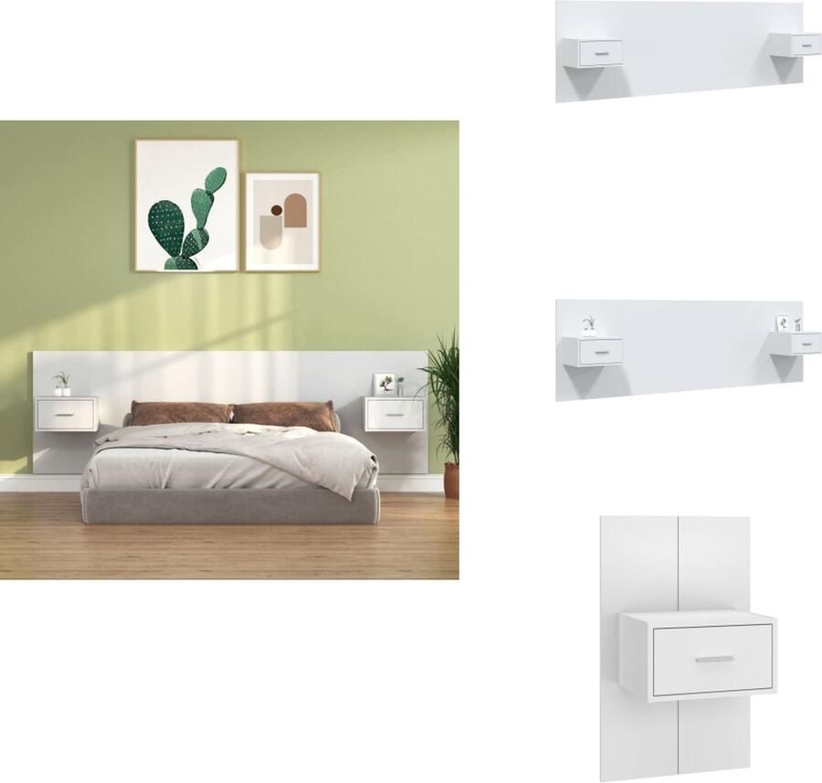 VidaXL Hoofdbord Bed Klassiek Design Stevig Materiaal Wandmontage Opbergruimte Kleur- Wit Afmetingen- 240x1.5x80cm Inclusief- 2x Nachtkastjes Bedonderdeel