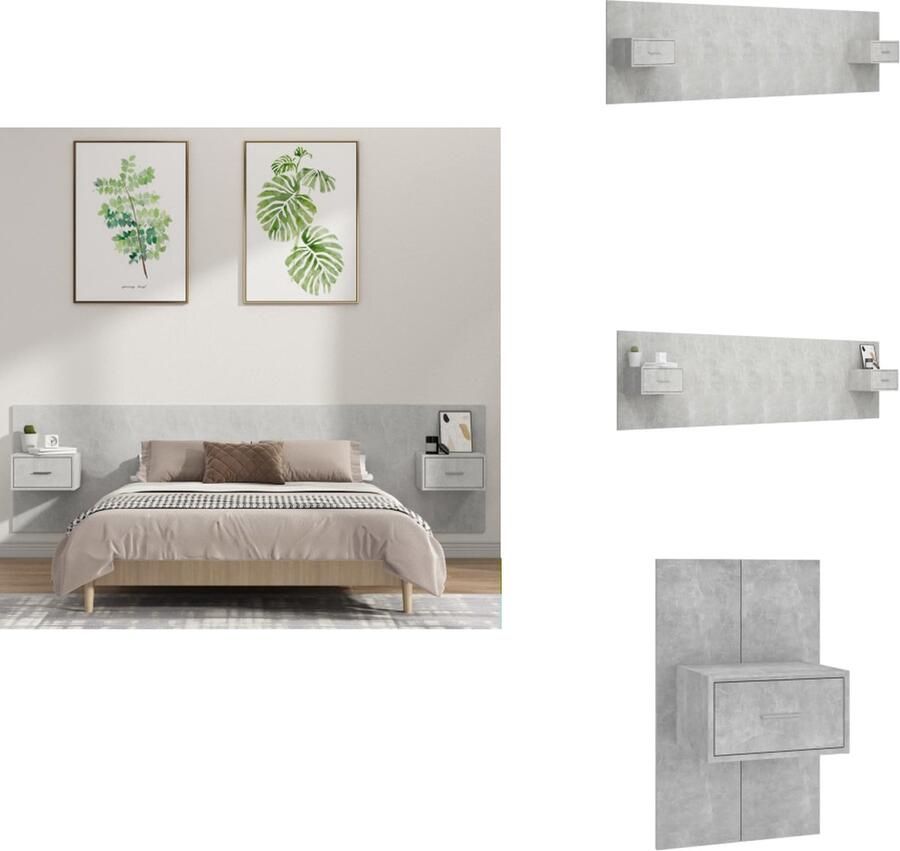 VidaXL Hoofdbord Met Kastje Hoofdborden Met Kastjes Hoofdeinde Wandnachtkastje Hoofdbord met kastjes bewerkt hout betongrijs - Foto 2