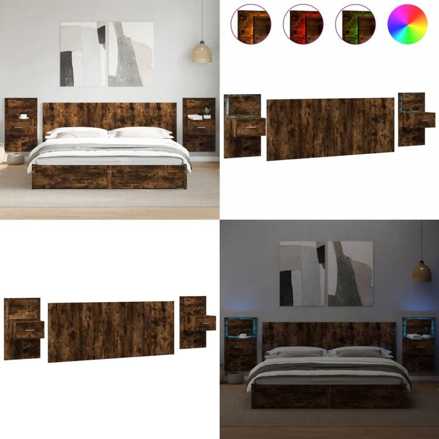 VidaXL Hoofdbord met kastjes 200 cm bewerkt hout gerookt eikenkleurig Hoofdbord Met Kastje Hoofdborden Met Kastjes Bed Hoofdbord Bedhoofdbord