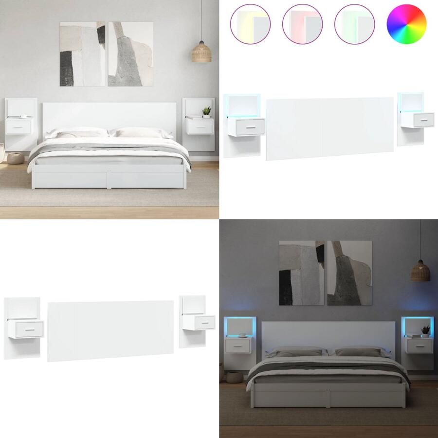 VidaXL Hoofdbord met kastjes 200 cm bewerkt hout wit Hoofdbord Met Kastje Hoofdborden Met Kastjes Bed Hoofdbord Bedhoofdbord