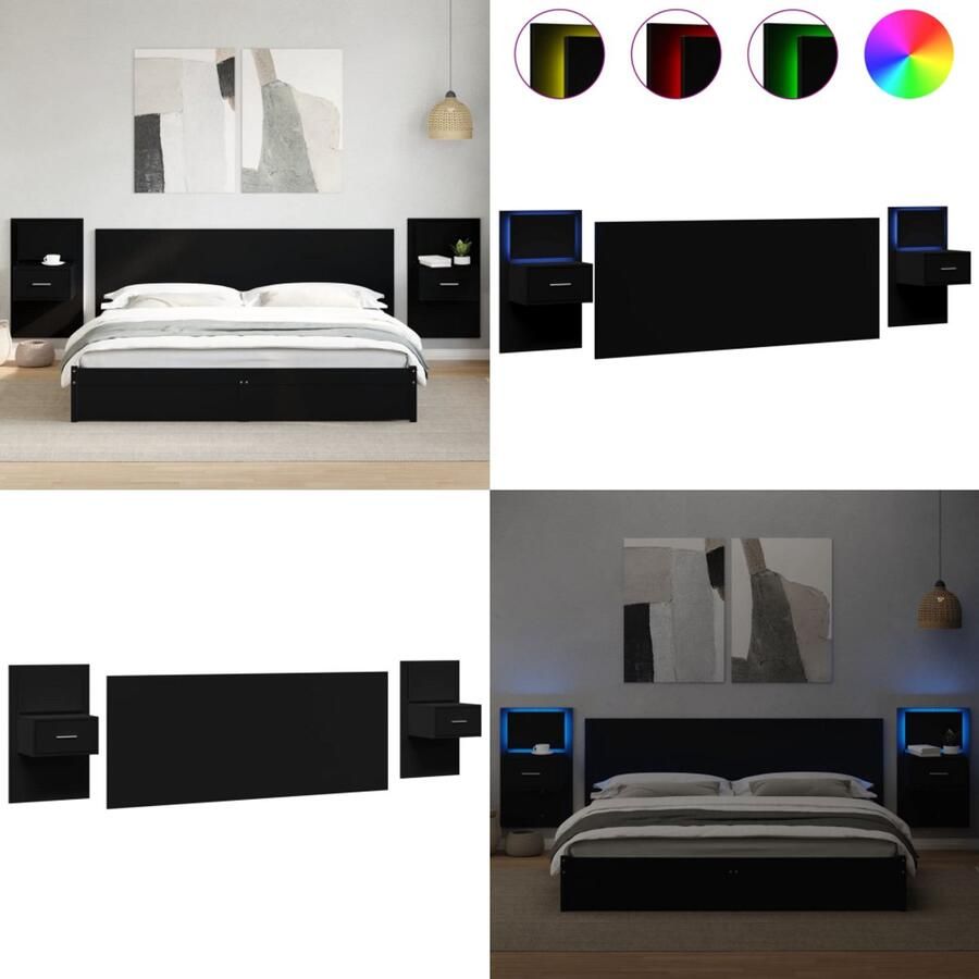 VidaXL Hoofdbord met kastjes 200 cm bewerkt hout zwart Hoofdbord Met Kastje Hoofdborden Met Kastjes Bed Hoofdbord Bedhoofdbord