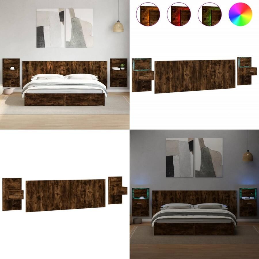 VidaXL Hoofdbord met kastjes 240 cm bewerkt hout gerookt eikenkleurig Hoofdbord Met Kastje Hoofdborden Met Kastjes Bed Hoofdbord Bedhoofdbord