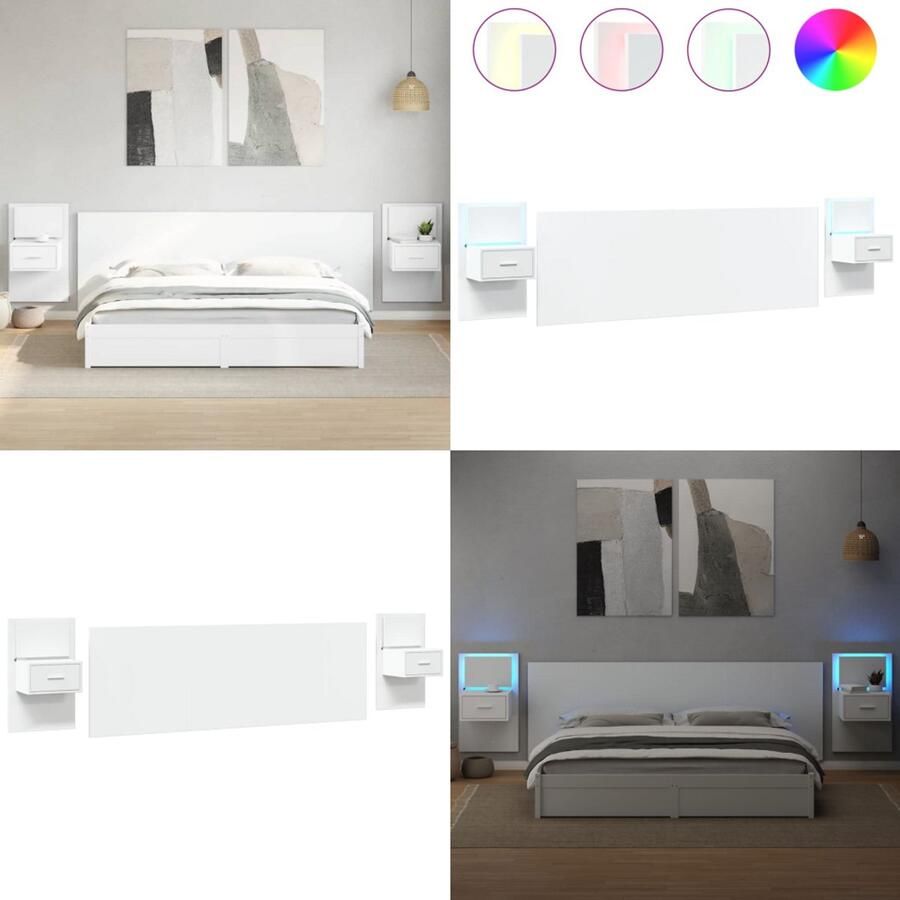 VidaXL Hoofdbord met kastjes 240 cm bewerkt hout wit Hoofdbord Met Kastje Hoofdborden Met Kastjes Bed Hoofdbord Bedhoofdbord