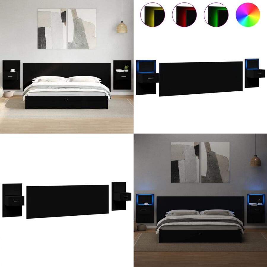 VidaXL Hoofdbord met kastjes 240 cm bewerkt hout zwart Hoofdbord Met Kastje Hoofdborden Met Kastjes Bed Hoofdbord Bedhoofdbord