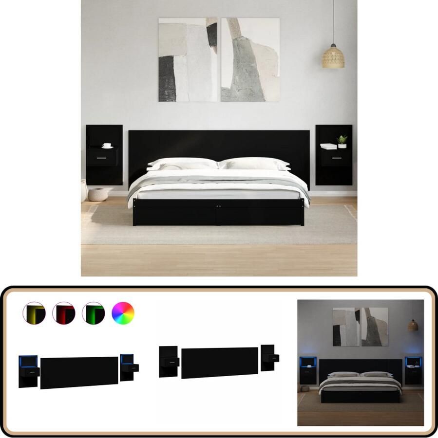 VidaXL Hoofdbord met kastjes 240 cm Zwart Hoofd Bord Hoofdkussen Slaap Kamer Meubels Houten Hoofdbord Led Verlichting