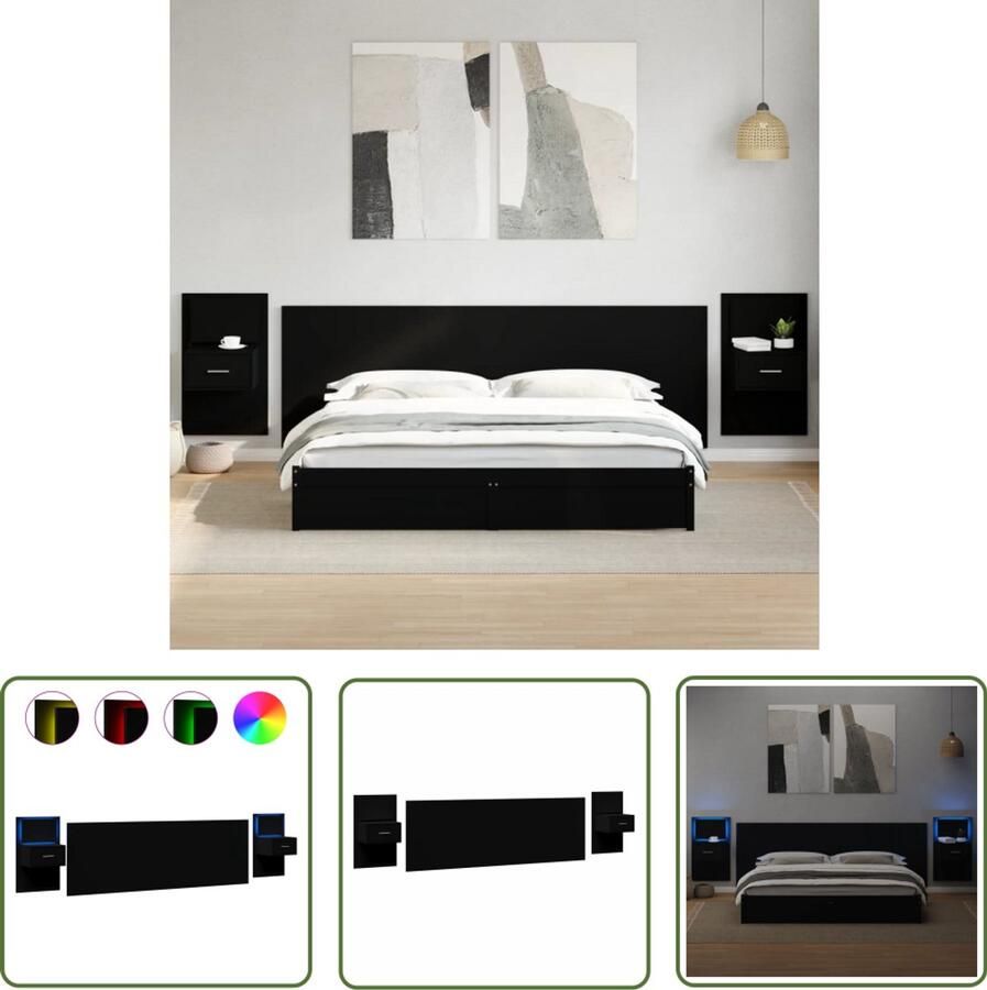 VidaXL Hoofdbord met kastjes 240 cm Zwart Hoofd Bord Hoofdkussen Slaap Kamer Meubels Houten Hoofdbord Led Verlichting - Foto 2