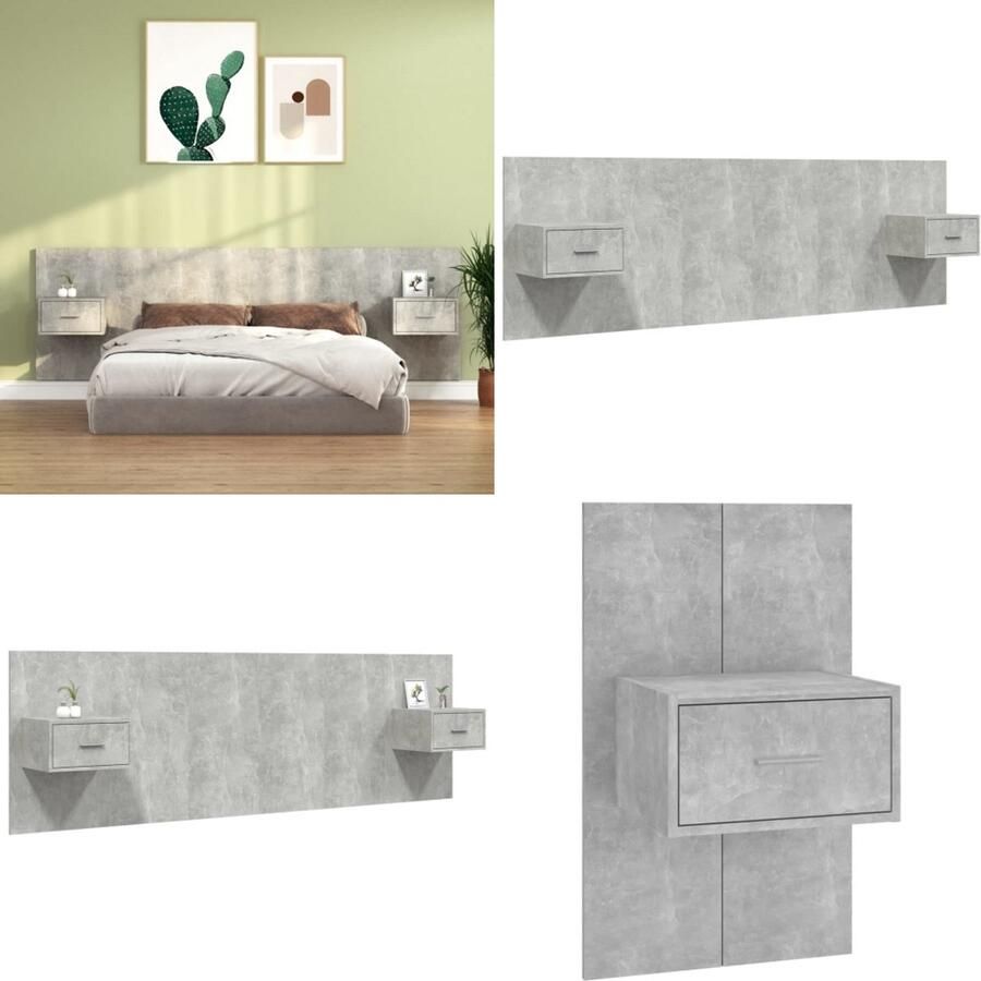 VidaXL Hoofdbord met kastjes bewerkt hout betongrijs Hoofdbord Met Kastje Hoofdborden Met Kastjes Hoofdeinde Wandnachtkastje