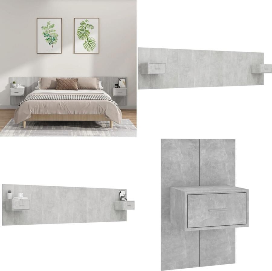 VidaXL Hoofdbord met kastjes bewerkt hout betongrijs Hoofdbord Met Kastje Hoofdborden Met Kastjes Hoofdeinde Wandnachtkastje