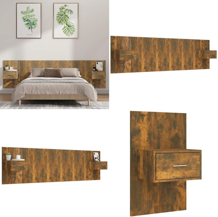 VidaXL Hoofdbord met kastjes bewerkt hout gerookt eikenkleurig Hoofdbord Met Kastje Hoofdborden Met Kastjes Hoofdeinde Wandnachtkastje