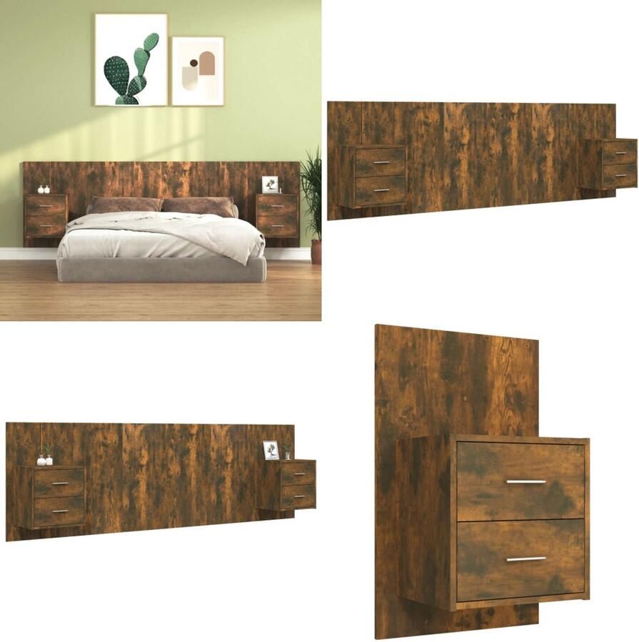 VidaXL Hoofdbord met kastjes bewerkt hout gerookt eikenkleurig Hoofdbord Met Kastje Hoofdborden Met Kastjes Hoofdeinde Wandnachtkastje - Foto 3