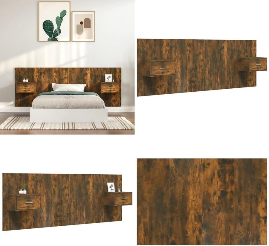 VidaXL Hoofdbord met kastjes bewerkt hout gerookt eikenkleurig Hoofdbord Met Kastje Hoofdborden Met Kastjes Hoofdeinde Wandnachtkastje - Foto 5