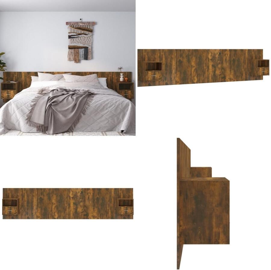 VidaXL Hoofdbord met kastjes bewerkt hout gerookt eikenkleurig Hoofdbord Met Kastje Hoofdborden Met Kastjes Hoofdeinde Wandnachtkastje - Foto 2