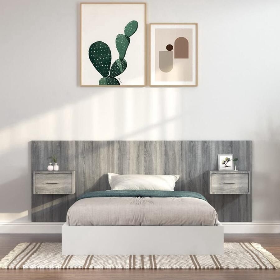 VidaXL Hoofdbord met kastjes bewerkt hout grijs sonoma eikenkleurig Hoofdbord Met Kastje Hoofdborden Met Kastjes Hoofdeinde Wandnachtkastje