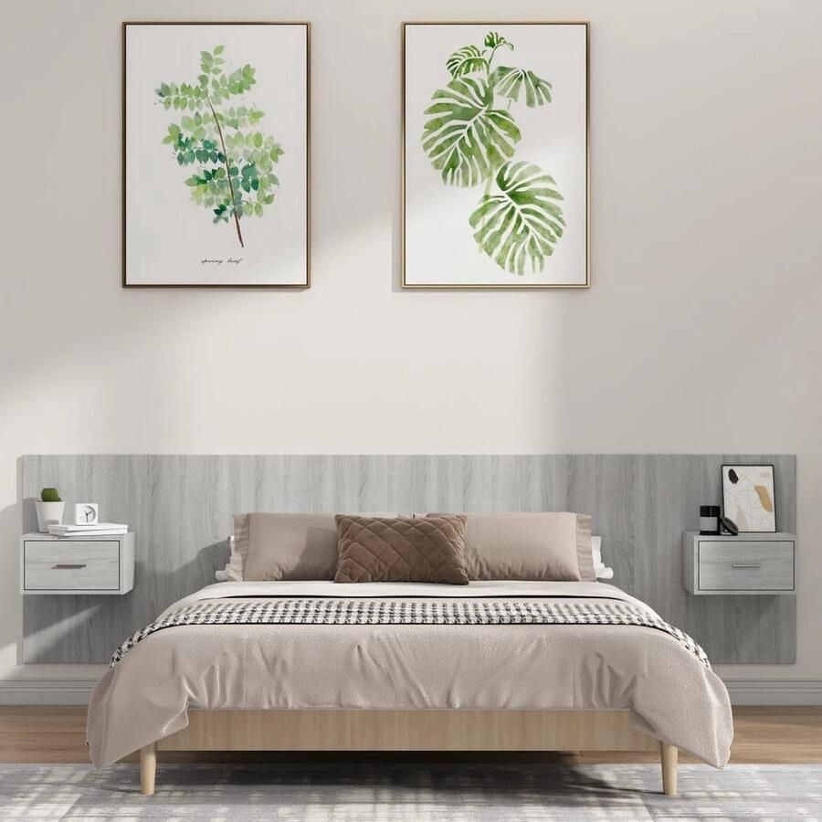 VidaXL Hoofdbord met kastjes bewerkt hout grijs sonoma eikenkleurig Hoofdbord Met Kastje Hoofdborden Met Kastjes Hoofdeinde Wandnachtkastje