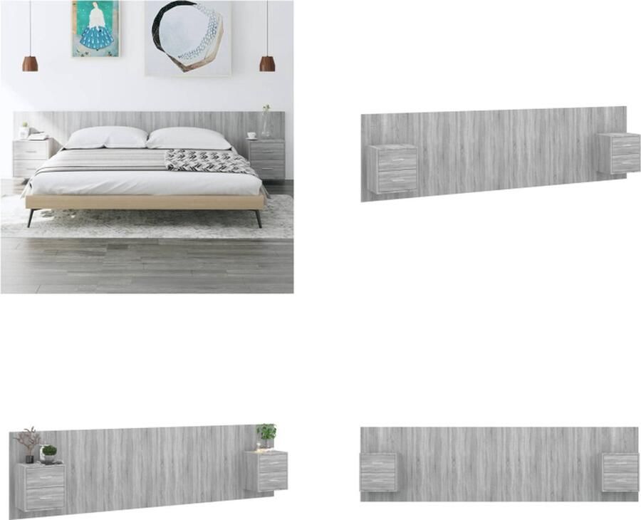VidaXL Hoofdbord met kastjes bewerkt hout grijs sonoma eikenkleurig Hoofdbord Met Kastje Hoofdborden Met Kastjes Hoofdeinde Wandnachtkastje - Foto 3
