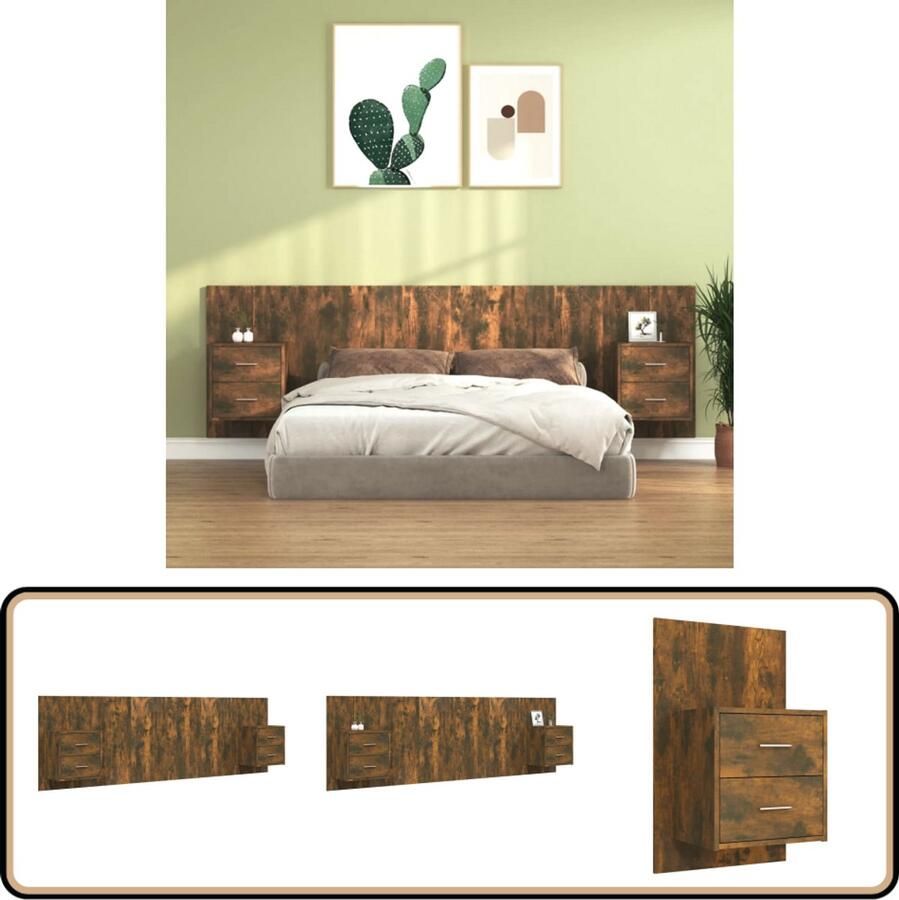VidaXL Hoofdbord met kastjes Hout Gerookt eiken Nachthaven Hoofdbord Klassieke Stijl Houten Meubels Kamerdecoratie Slaapkamers Bruine Meubels Bergruimte