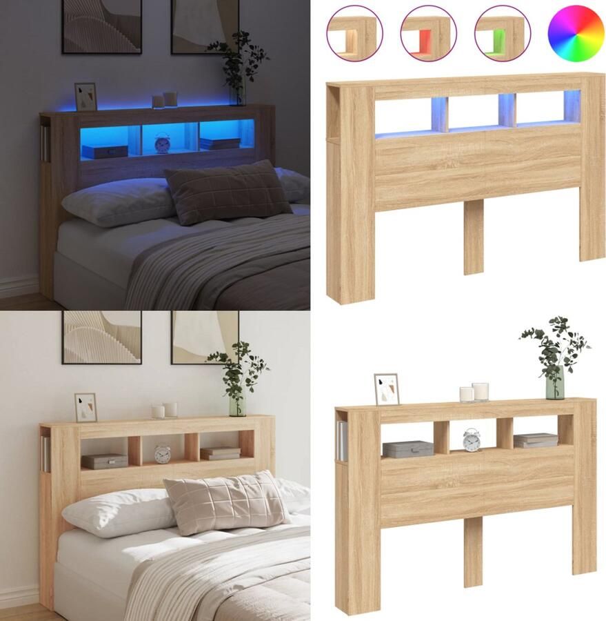 VidaXL Hoofdbord met LED 160x18 5x103 5 cm bewerkt hout sonoma eiken Hoofdbord Met LED Hoofdborden Met LED Hoofdbord Bed