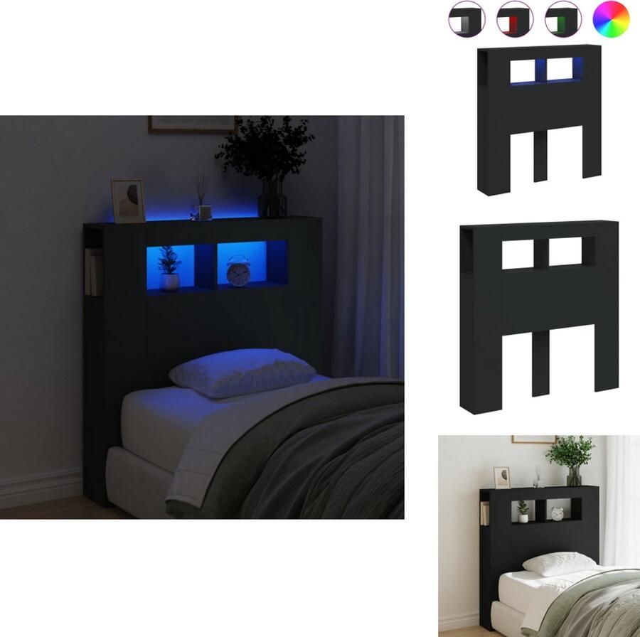 VidaXL Hoofdbord Met LED Hoofdborden Met LED Hoofdbord Bed Hoofdeinde met LED 100x18 5x103 5 cm bewerkt hout zwart - Foto 4