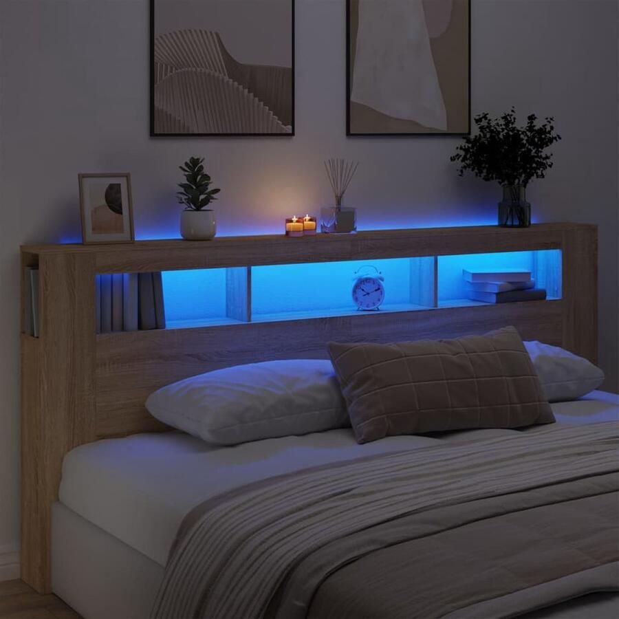 VidaXL Hoofdbord met LED Sonoma Eiken 220 cm LED Hoofdbord Hoofd Bord Led Bedroom Furniture Houten Hoofdbord Sonoma Eiken Rgb Verlichting Headboard - Foto 2