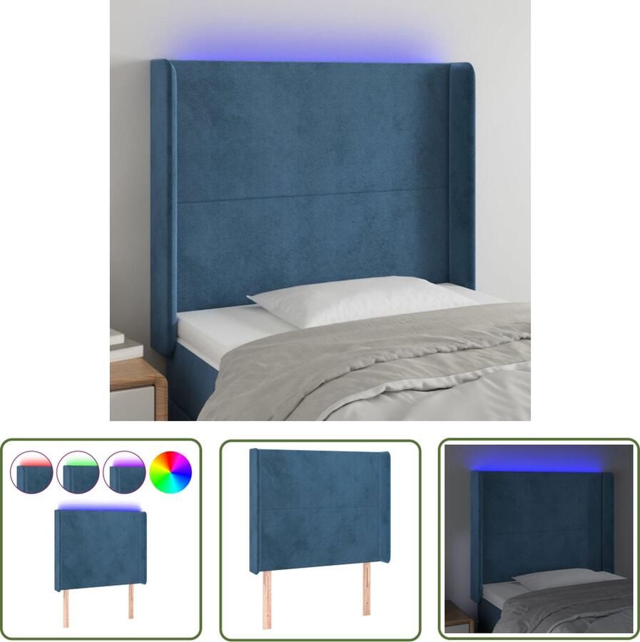 The Living Store LED-hoofdbord Donkerblauw Stof 103x16x118 128 cm Verstelbare hoogte LED Hoofdbord Met Led Verlichting Velvet Hoofdbord Blauw Hoofdbord Leeshoek Verhogen