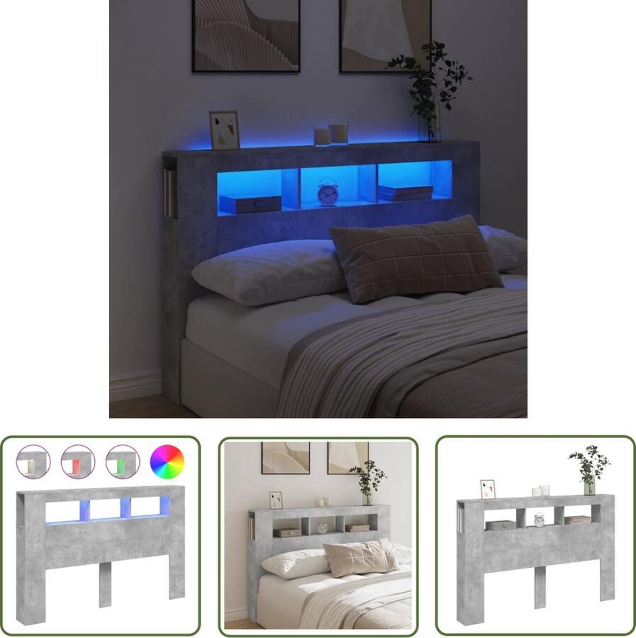 VidaXL Hoofdbord Met Licht LED Hoofdbord Hoofdeinde met LED 160x18 5x103 5 cm bewerkt hout betongrijs Betonnen Grijs Houten Hoofdbord Led Lampjes