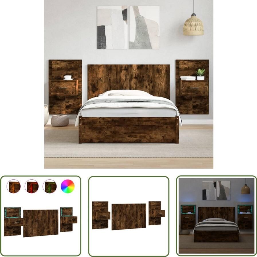 VidaXL Hoofdbord met Nachtkastjes 120 cm Gerookt Eiken Nachthastje Hoofdbord Led Verlichting Bedroom Furniture Houten Meubels