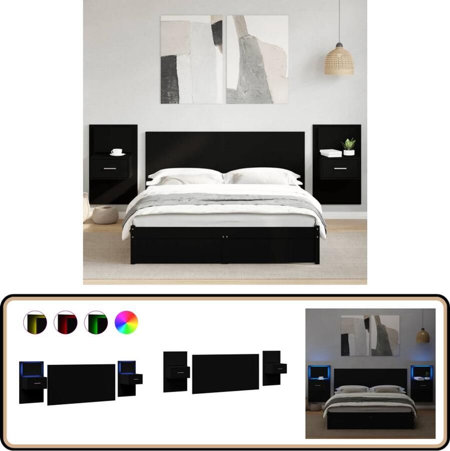 VidaXL Hoofdbord met Nachtkastjes 160 cm Zwart Hoofdbord Nachtlamp Led Verlichting Slaapkamer Decoratie Houten Kast