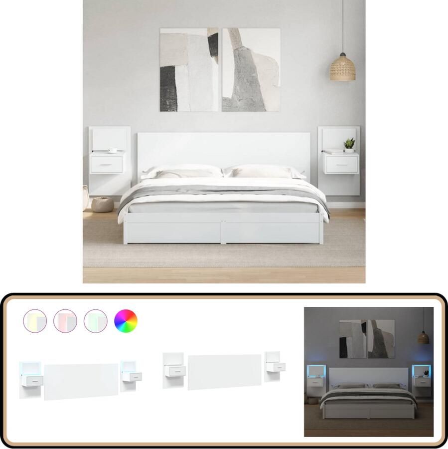 VidaXL Hoofdbord met Nachtkastjes 200 cm Wit Hoofdbord Bedstek Slaapkamersdecoratie Nachtkast Opbergruimte